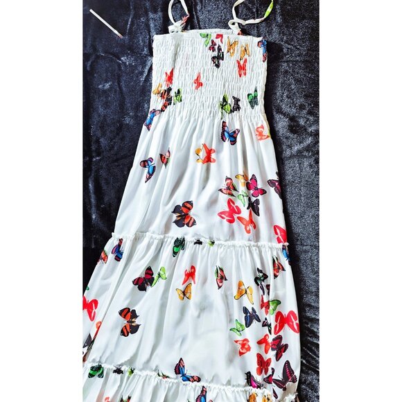 Sundress Spaghetti Strap Smocked White Multicolor Butterflies - SZ S - Picture 3 of 8